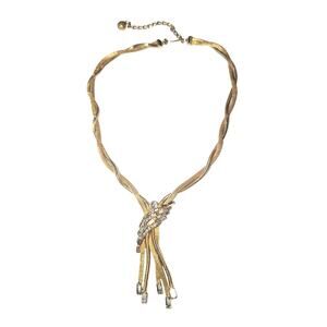 Vtg FJJ Signed Multi Strand Necklace Mesh Gold Tone Baguette Rhinestone Y Drop